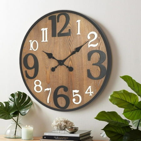 24 Inch Wood Wall Clock, Modern Large Numerals Battery Operated Quartz Movement, Black Metal Frame Decor Clock for Living Room Office Kitchen Bedroom, Entryway, Home, Office