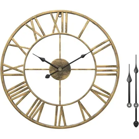 24 Large Gold Roman Numeral Wall Clock, Silent Battery Operated Big Metal Decorative Wall Clocks for Living Room Farmhouse