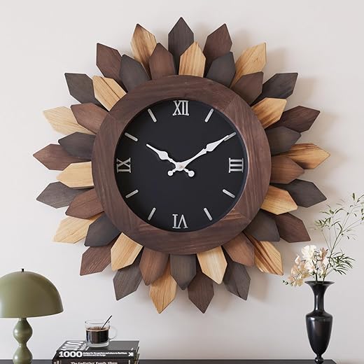 24'' Large Wall Clock for Living Room Deco Boho Decorative Big Oversized Silent Battery Operated Farmhouse Wood Wall Clock for Office Home Dinning Room Bedroom Kithen