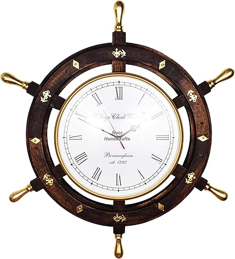 24" Nautical HandCrafted Premium Ship Wheel Clock with Directional Pirate's White Dial Face with Brass HANDLE & ANCHOR ! Wooden Ship Wheel Clock | Home Decor Wall Clock Nursery Gifts & Collectibles