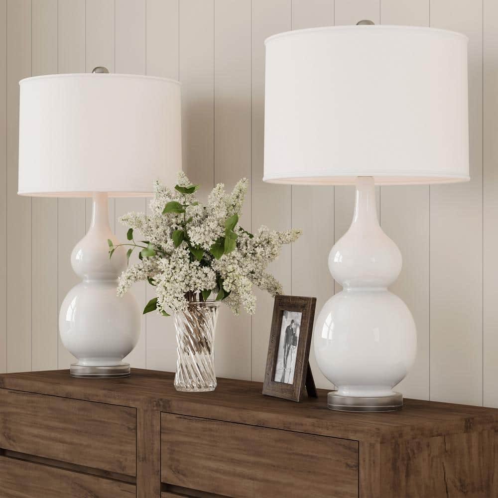 26.25 in. Double Gourd Ceramic Milky White LED Table Lamps with Ivory...