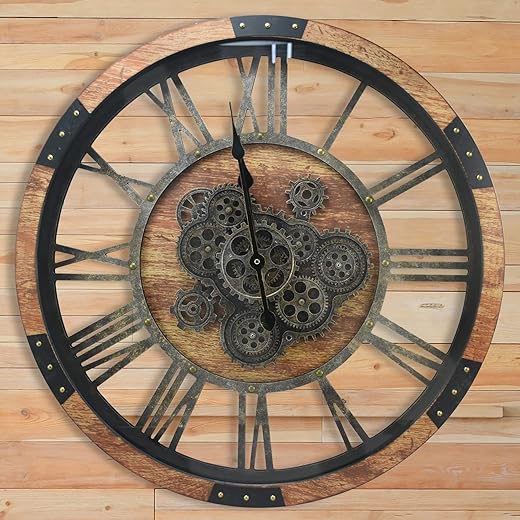 27 inch Large Real Moving Gears Wall Clock with Toughened Glass Cover, Oversized Vintage Solid Wood Farmhouse Clock, Giant Decorative Rustic Wall Clock for Living Room Home Kitchen Office (Brown)