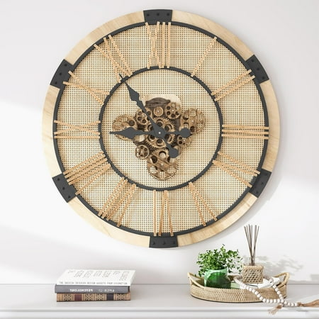 27 Inch Large Wall Clock with Real Moving Gears, Oversized Nature Rattan Gear Clocks with Vintage Roman Numeral, Rustic Giant Farmhouse Wooden Walls Clocks for Living Room, Kitchen and Bedroom Decor