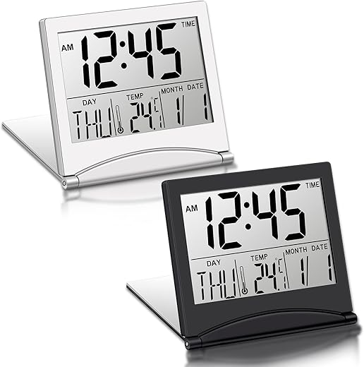 2 Pieces Digital Travel Alarm Clock Battery Operated Foldable LCD Clock with Calendar Temperature Snooze Mode Multifunction Small Desk Clock Portable Clock Large Display Desk Clock (Black, Silver)