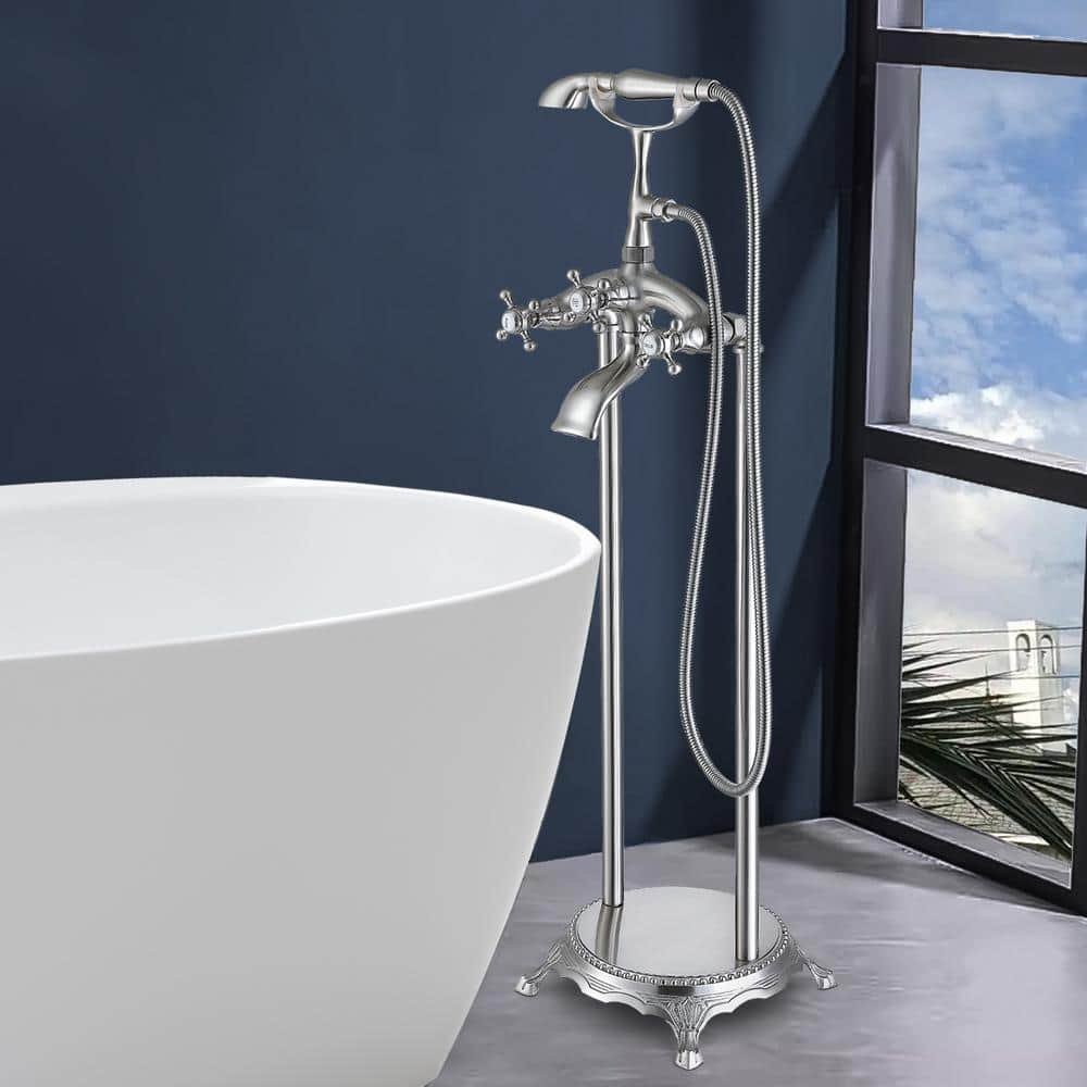 3-Handle Freestanding Floor Mount Faucet Claw Foot Tub Faucet with Hand Shower...