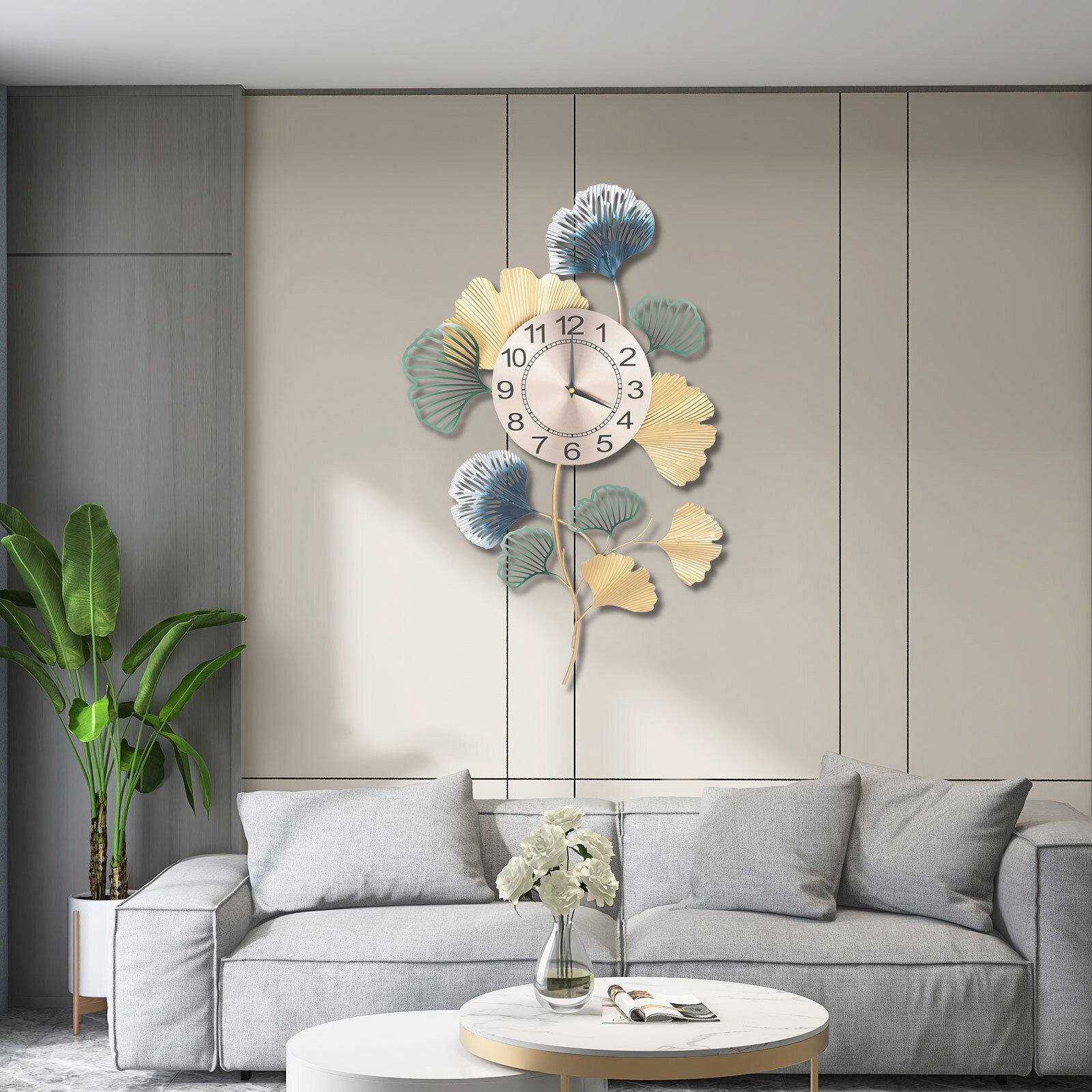 30inch Large Wall Clock Ginkgo Leaf Metal Art Wall Clock Living Room Home Decor