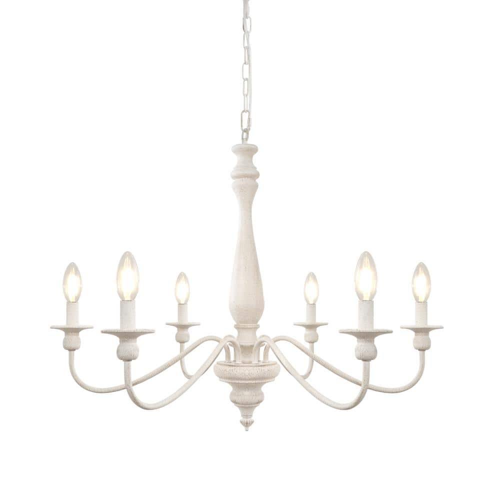 34 in. 6-Light White French Country Distressed Farmhouse Candlestick Chandelier for Dining...