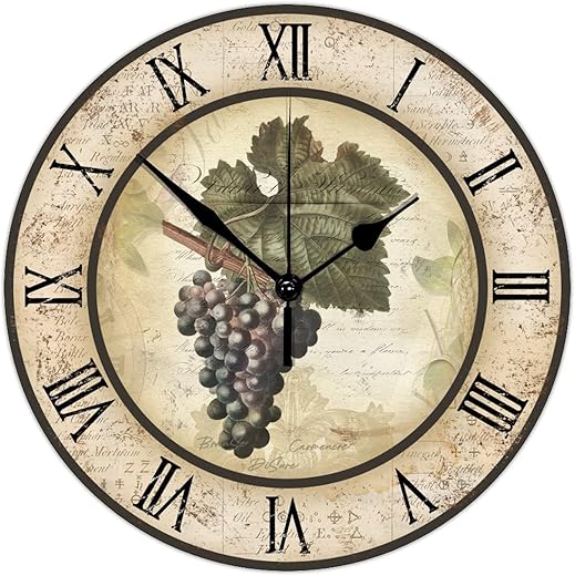 10 Inch Wooden Wall Clock Vintage Grape Wine with Metal Hands Accurate Wall Clock Retro Vintage Style Wood Clock Wall Decorations Clock for Farmhouse Office Kitchen Decoration