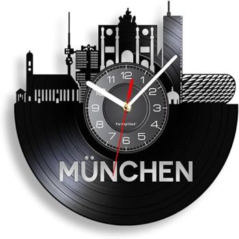 12 Inch Munich Germany Wall Clock, Silent Quartz Non Ticking Battery Operated Modern Decorative Vinyl Record Munchen Analog Wall Clock for Living Room Bedroom Office Farmhouse Kitchen