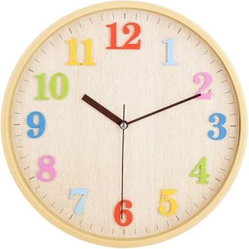 12 Wooden Look Wall Clock Silent Non-Ticking 3D Numbers Colorful Decorative Round Clock for Living Room, Bedroom and Office Battery Not Included - Light Brown