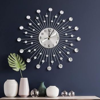 19.7 Inch Large Wall Clock for Living Room Decor, Non-Ticking Quiet Modern Metal Starburst Bling Silver Crystal Wall Clocks Decor for Bedrooms Kitchen Decorative