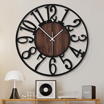 1st owned Large Wall Clock for Living Room Decor- Decorative Antique 24 inch Silent Non Ticking,Battery Operated,Black Metal,Wood Clocks for Farmhouse,Dining Room,Bedroom,Kitchen - Arabic Numerals