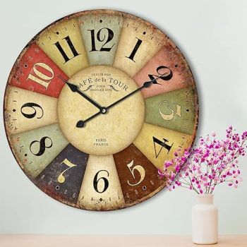 24 Inch Vintage Wall Clocks Battery Operated,Retro Silent Wall Clock Decorative,Large Colorful Farmhouse Clocks Scan Non-Ticking for Home Living Room Bedroom Kitchen School