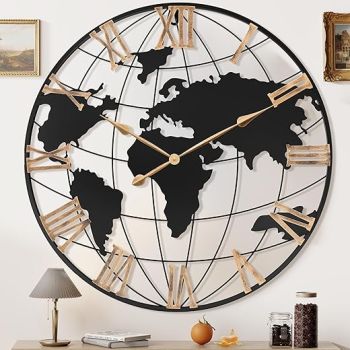 36 Inch Extra Giant Oversized Black Metal Wall Clock,Large Modern Decorative Silent World Map Wall Clock with Vintage Gold Roman Numeral for Living Room,Entrance Fireplace,Dining Room Decor