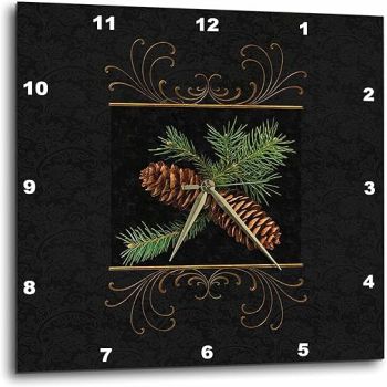 3dRose DPP_202963_2 Rich Black Damask and Gold Swirls Winter Pine Cone Watercolor Wall Clock, 13 x 13