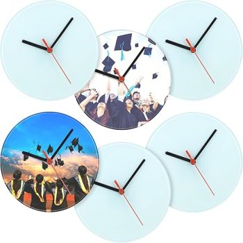 6 Pcs Glass Sublimation Blank Wall Clocks 7.9 Inch Round Printing Wall Clock DIY Decorative Battery Operated Clock for Graduation School Home Decor