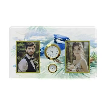 ABPHQTO Watercolor Bird Blue Jay Winter Christmas Family Couple Photo Picture Frame with Clock and Thermometer for Wall Hanging and Tabletop Display