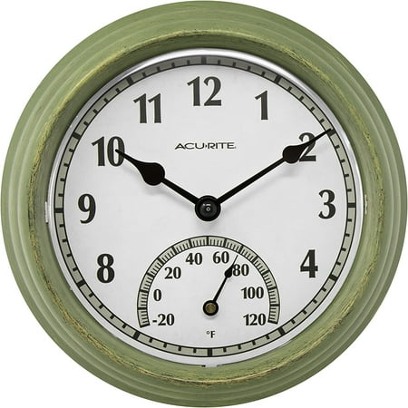 AcuRite 02470 Rustic Green Outdoor Clock with Thermometer, 8.5