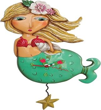 Allen Designs Enesco Shelley Mermaid with Starfish Sculpted Pendulum Wall Clock, 17.25 Inch, Multicolor