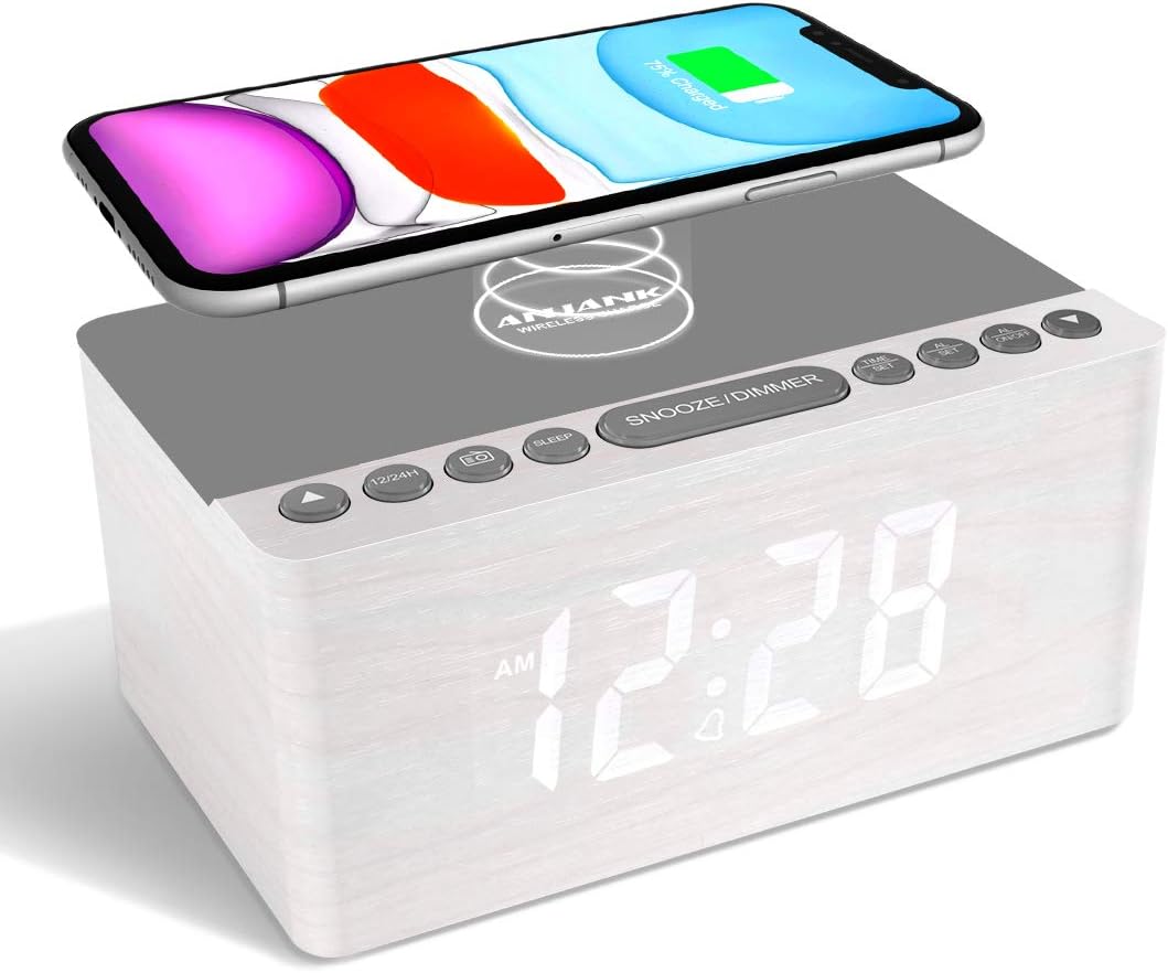 ANJANK Wooden Digital Alarm Clock FM Radio,10W Fast Wireless Charger Station for iPhone/Samsung Galaxy,5 Level Dimmer,USB Charging Port,2 Wake up Sounds,Bedrooms Sleep Timer,Wood LED Clock for Bedside