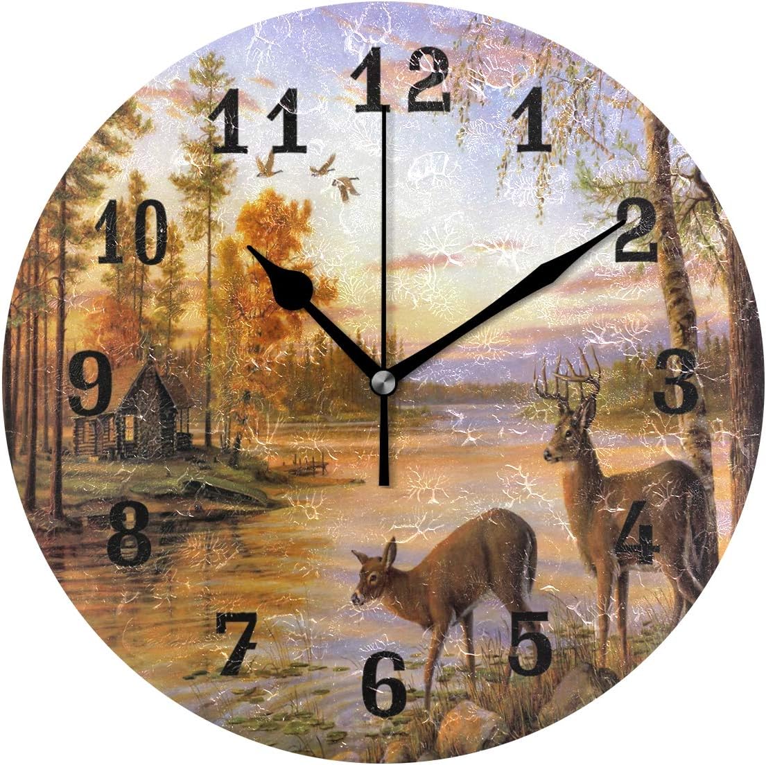 AUUXVA Wall Clock Forest Deer Tree River, Silent Non Ticking Clock for Kitchen Living Room Bedroom Home Artwork Gift