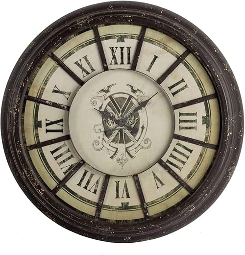 Benjara Gray and Cream BM196307 Oversized Wood and Metal Wall Clock with Distressed Details, Antique