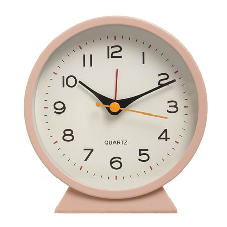 BrowQuartz Desktop Alarm Clock Round Shape Student Bedroom Living Room Clocks Mute Bell Quartz for Dorm Office Home Decor Pink