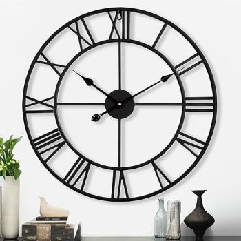 CLXEAST 24 Inch Wall Clocks for Living Room Decor, Large Black Metal Roman Numeral Wall Clock,Decorative Wall Clocks,Battery Operated Silent Wall Clocks for Modern Farmhouse Home Decor