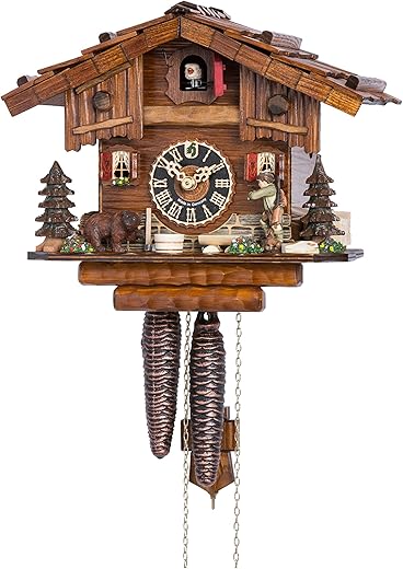 Cuckoo Clock Black Forest House with Forest Scene and Moving Hunter HO 151