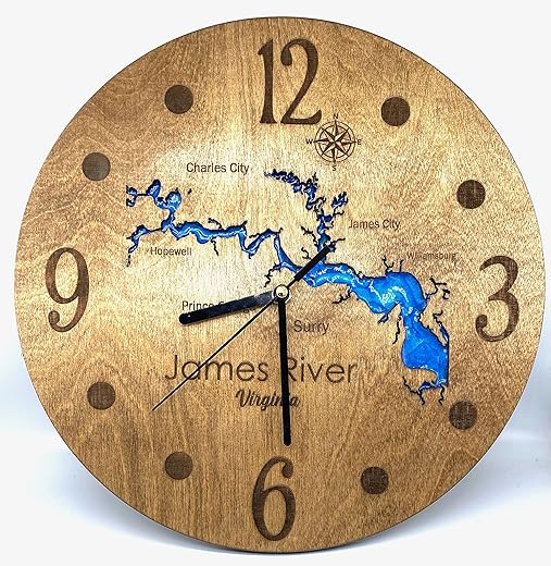 Customized Handmade Wall Clock, River or Lake Map of your choice, Glossy Resin filled, 12 inch Diameter Wall Mounted