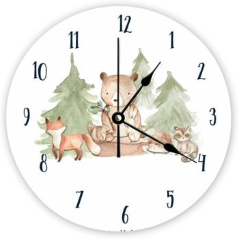 Decorative Silent No Ticking Wall Clock Watercolor Woodland Forest Animals Round Modern Wooden Clocks for Bedroom Living Room Home Office School Wall Art Decor, 10 Inches