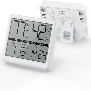 Deeyaple Humidity Meter Thermometer Digital Travel Clock Magnetic Battery Powered High Accuracy Display Temperature(℉/℃) Date 12/24H Time LCD Large Number Outdoor Indoor Hygrometer No Alarm