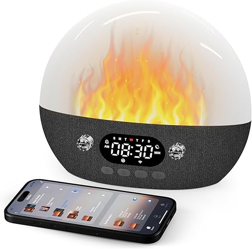 Dekala RestOnn Sunset Sound Machine Sunrise Alarm Clock White Noise Natural Sounds Amber Night Light, 7-day Programmable Dual Alarm Clock, Bluetooth Speaker, 3000mAh Battery Backup, App Control, White