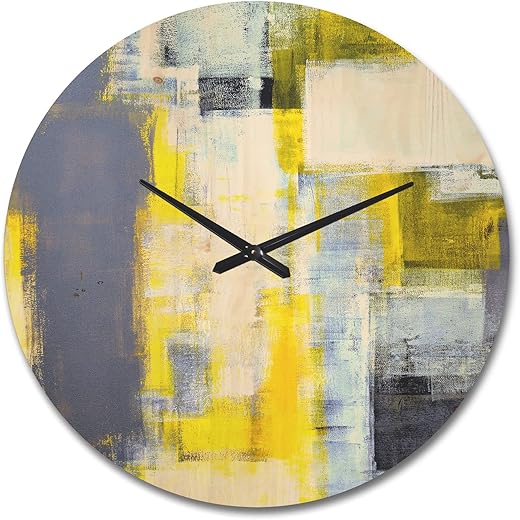 DesignQ 'Yellow and Grey Abstract ' Modern Wood Wall Clock Large Decorative Modern Wall Clock Oversized Wood Clocks for Living Room Décor