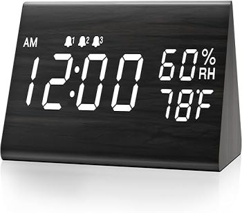 Digital Alarm Clock, with Wooden Electronic LED Time Display, 3 Alarm Settings, Humidity & Temperature Detect, Wood Made Electric Clocks for Bedroom, Bedside (Black)