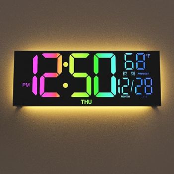 Digital Wall Clock Large Display, 13 Large Digital Wall Clock with RGB Color Remote Control, Automatic Brightness Dimmer Big Clock with Night Lights, Auto DST, Date Week,Perfect for Gift