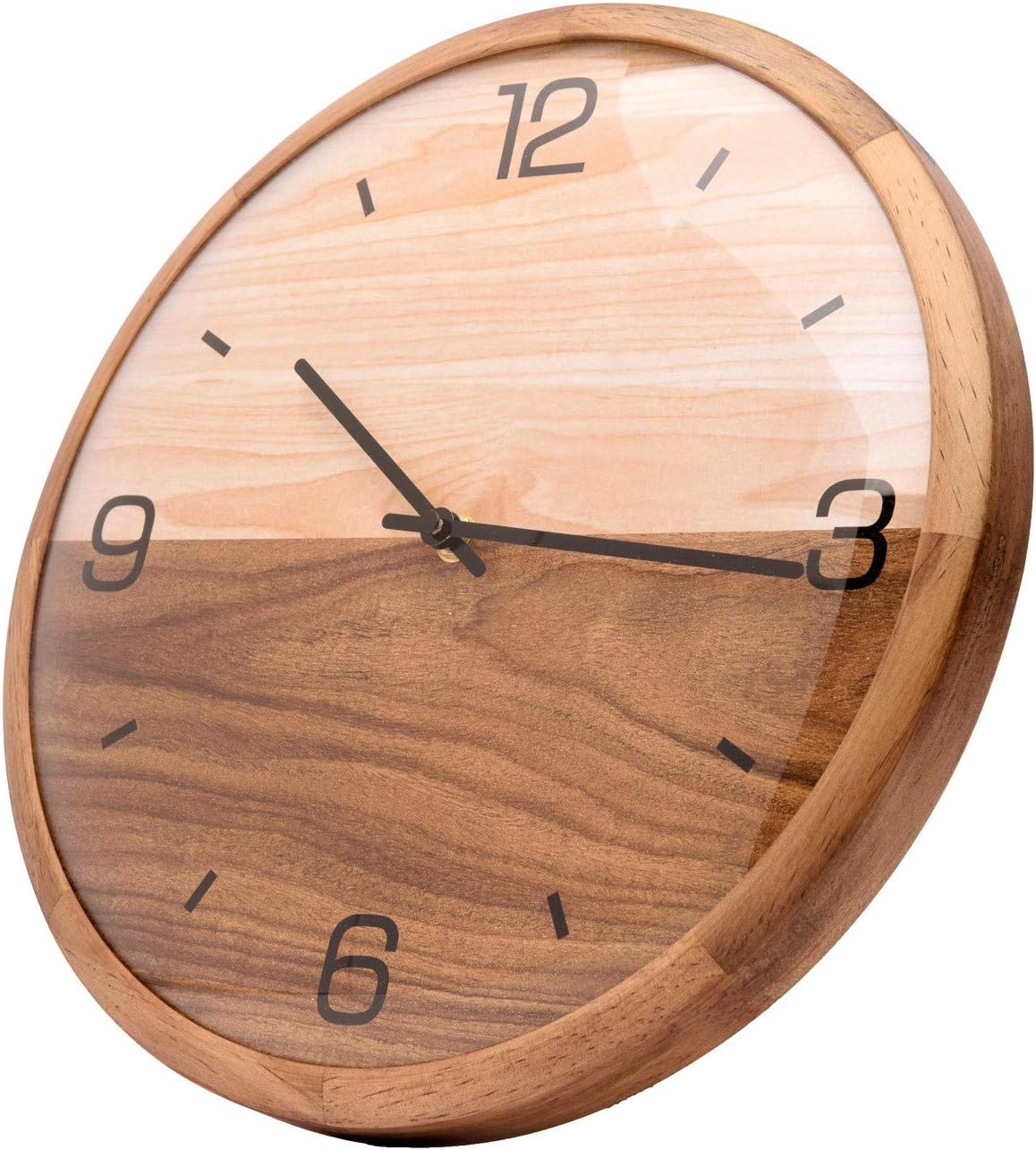 Driini Analog Dome Glass Wall Clock (12) - Pine Wood Frame with Two-Tone Wooden Face - Battery Operated with Silent Movement - Large Decorative Clocks for Classroom, Office, Living Room, or Bedrooms.