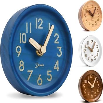 Driini Wooden Analog Desktop Clock – 4.3 in. Decorative Pinewood Clock, No-Tick Design – Easy to Read Silent Sweep Mantle Clock – Quiet Tabletop Clocks with Wood Body, Hands, & Battery Cover; Blue