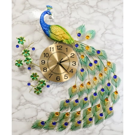 Ebros 29 High Large Peacock Iris Colorful Gold Plated Metal Wall Clock Analog