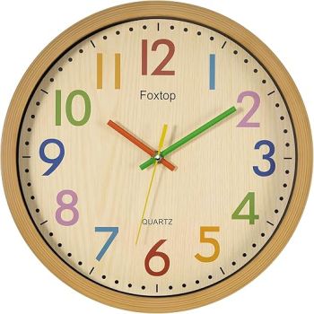 Foxtop Silent Kids Wall Clock 12 Inch Non-Ticking Battery Operated Colorful Childrens Clock for Classroom Playroom Nursery Bedrooms Kids Room School