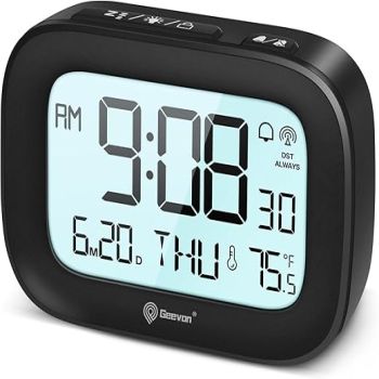 Geevon Digital Alarm Atomic Clock for Bedroom Heavy Sleepers, Mini Cute Desk Table Clock with 10s Backlight, 12/24H, Temp, Small Travel Alarm Clock for Kids Teens Adult Boy Girl, Black