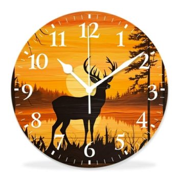 generic Silent Non-Ticking Decorative 12 inch Wall Clock,Deer Animal in Sunset forest Woodland on Wooden Beautiful,Round Wall Clocks Decor for Home Office Kitchen Living Room Bedroom