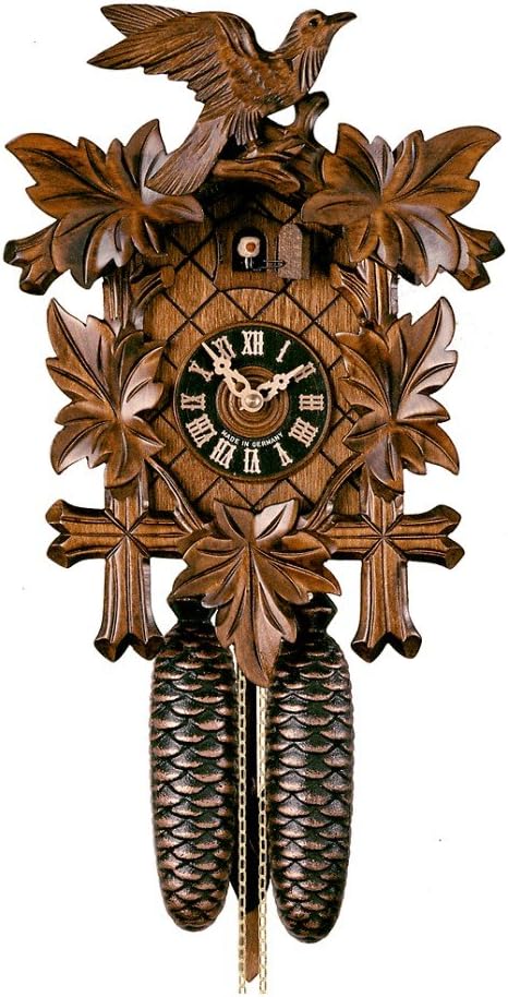 German Black Forest Cuckoo Clock with Five Leaf One Bird 13 Walnut Stain