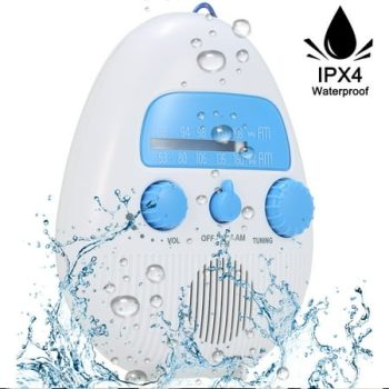 Hanging Waterproof Shower Clock Radio - Wireless Mini Portable Waterproof Battery Operated Shower Radio Speaker W/ Digital Clock, LCD Screen for Home, Beach, Hot Tub, Bathroom, Outdoor - Pyle PSR6