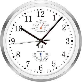 HITO 12 Inch Silent Wall Clock Battery Operated Non Ticking Glass Cover Silver Aluminum Frame, for Living Room Decor, Kitchen, Bedroom, Home Office (12 White)