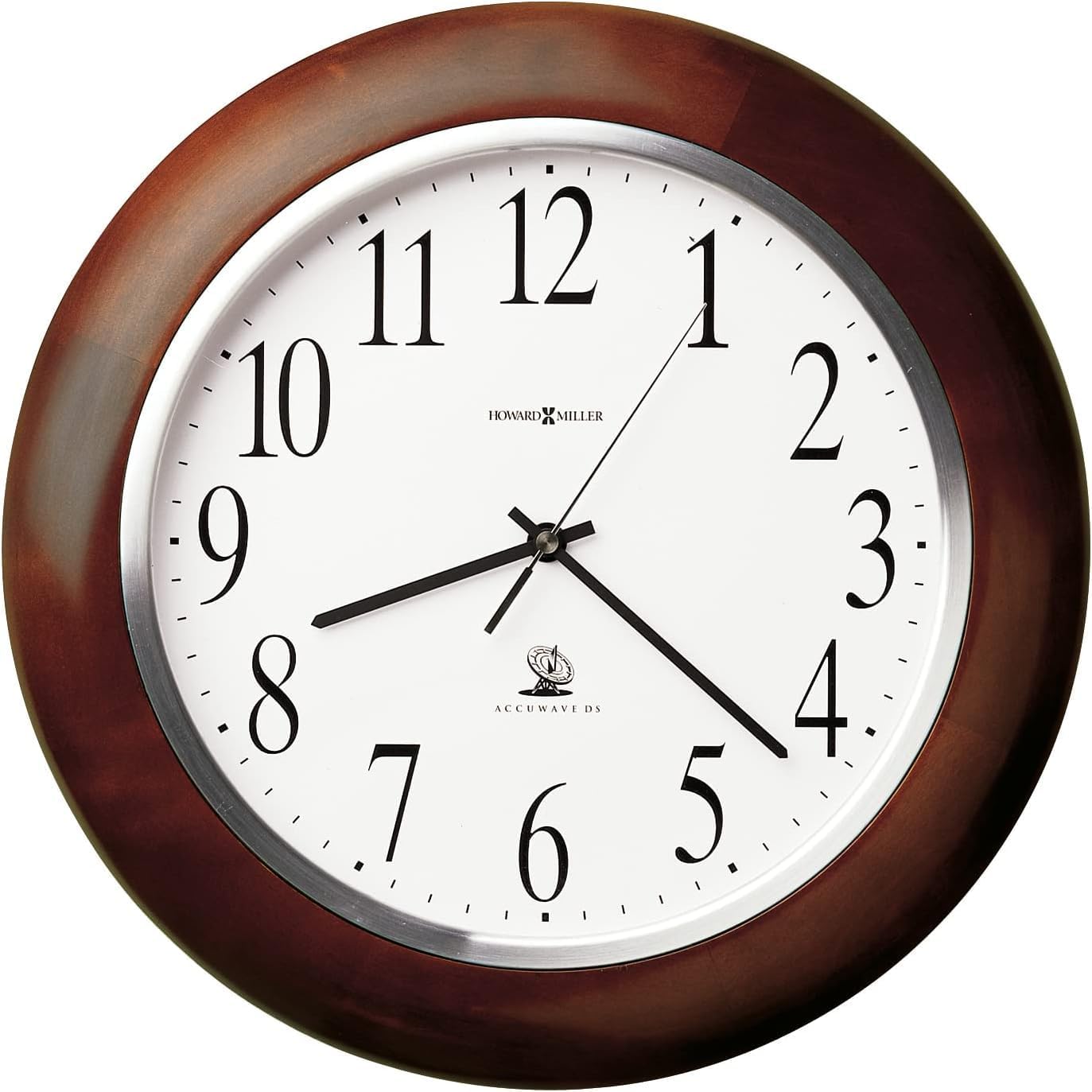 Howard Miller Ferdinand Wall Clock II 549-677 – Windsor Cherry Finish, Satin Silver Bezel, White Dial with Black Arabic Numerals & Atomic Radio Controlled Movement