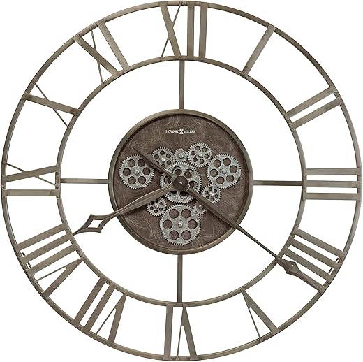 Howard Miller Laken Metal Wall Clock 625-784 – Aged Silver Finish, Galvanized Steel Moving Gears, Machined Steel Roman Numerals, Battery-Operated Quartz Movement, Living Room Wall Clock