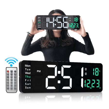 IFCOW Large Digital Wall Clock with Remote Control, 16 Inch LED Display Count Up & Down Timer, Adjustable Brightness Alarm Clock with Day/Date/Temperature for Home, Gym, Office