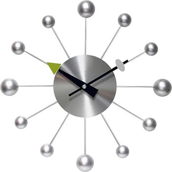 Infinity Instruments Orb Spoke Midcentury Modern 15 inch Retro Starburst Ball Wall Clock Quiet Quartz Movement Mid Century Modern Decorative (Silver)