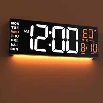 JALL 16 Large Digital Wall Clock Timer, Remote Controll, 2 Alarms, LED Display, 8 RGB Color, Auto DST, Temperature for Living Room, Bedroom, Desk, Mounted, Gift for Elderly (White Orange, 16 inches)